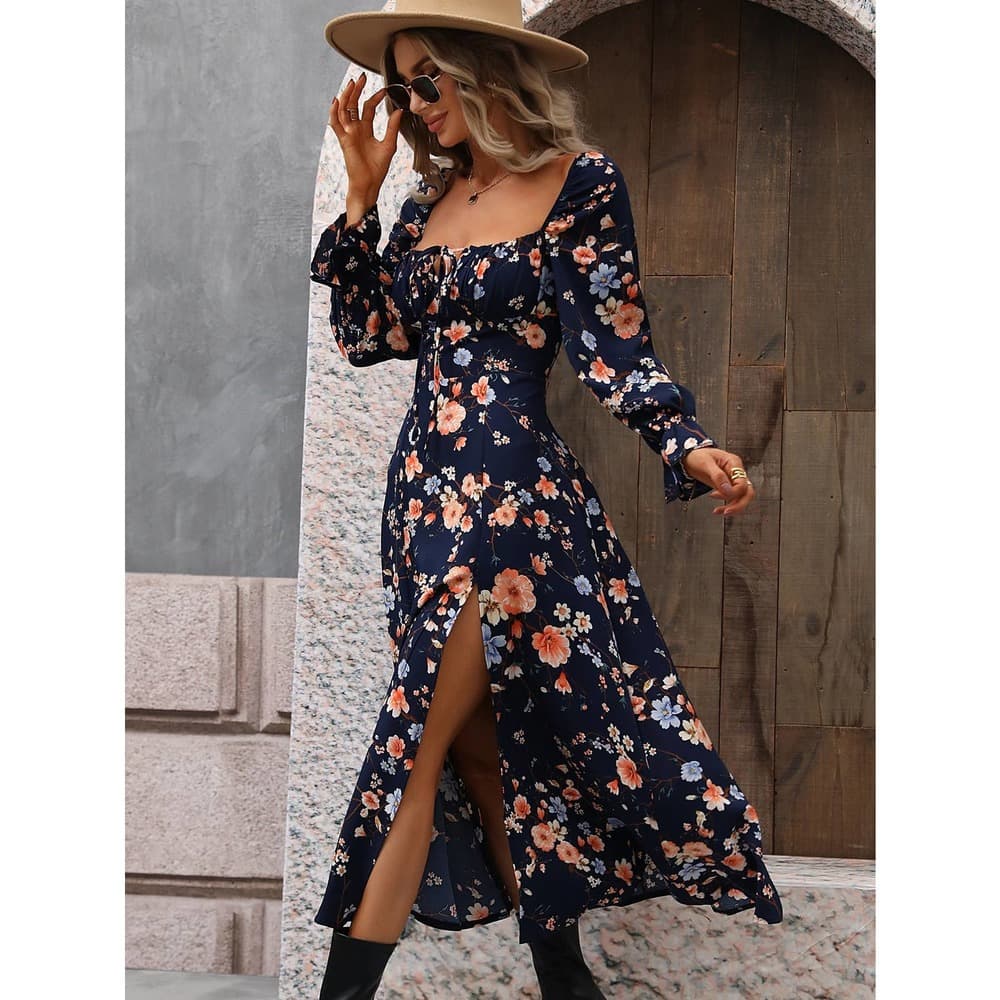 Floral Print Flounce Sleeve Tie Front Split Thigh Dress - Thumbnail 7