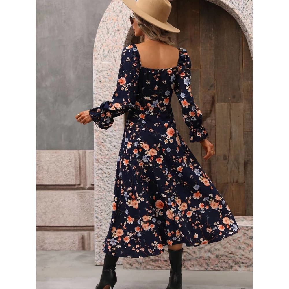 Floral Print Flounce Sleeve Tie Front Split Thigh Dress - Thumbnail 4