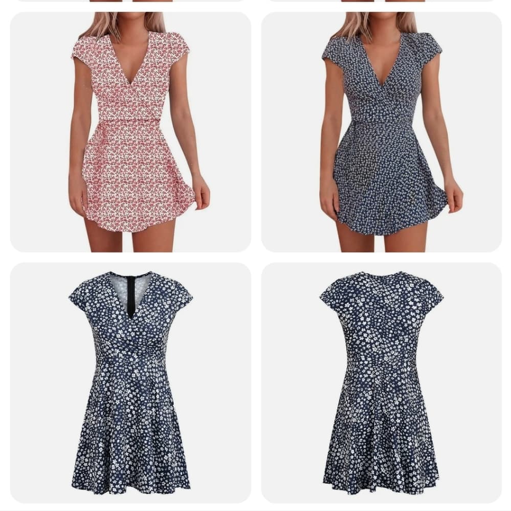 Women Boho V-Neck Floral Casual Mini Dress Summer Short Sleeve Beach Sundress - Thumbnail 2
