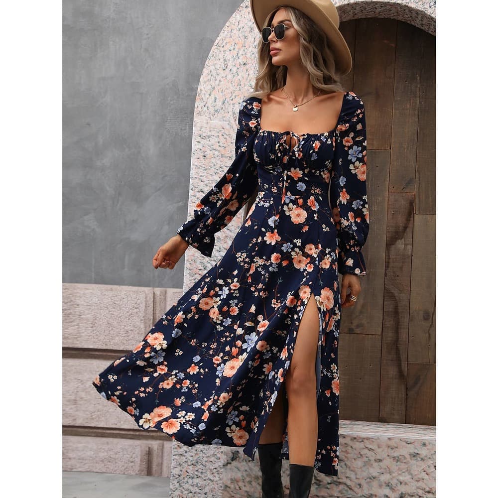 Floral Print Flounce Sleeve Tie Front Split Thigh Dress - Thumbnail 6