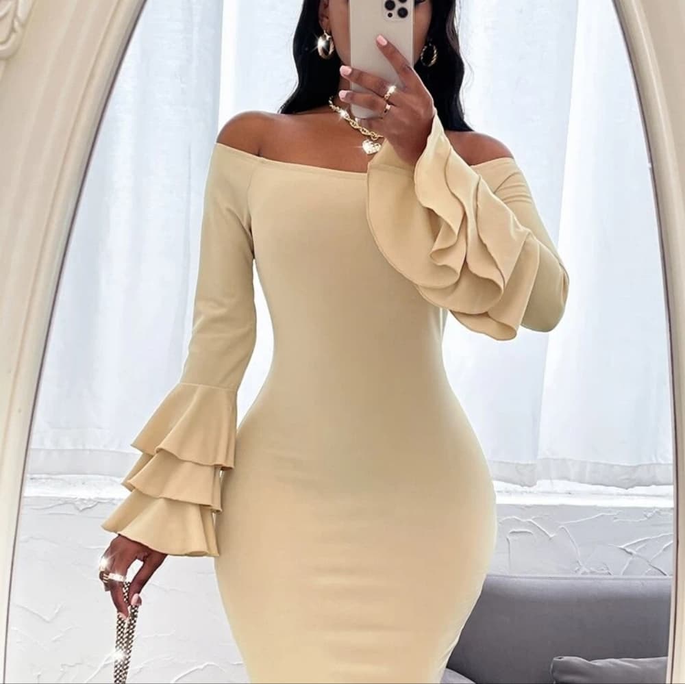 Off Shoulder Layered Sleeve Bodycon Dress - Thumbnail 4