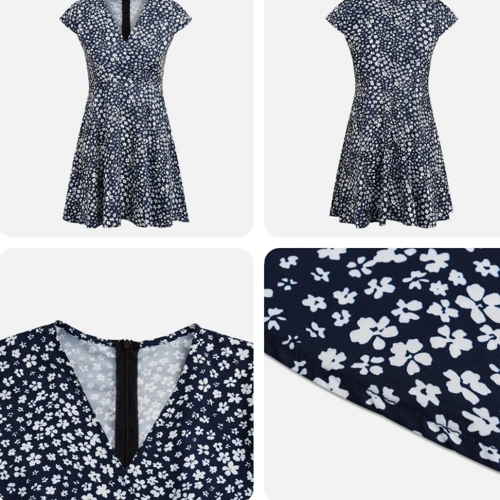 Women Boho V-Neck Floral Casual Mini Dress Summer Short Sleeve Beach Sundress - Thumbnail 3