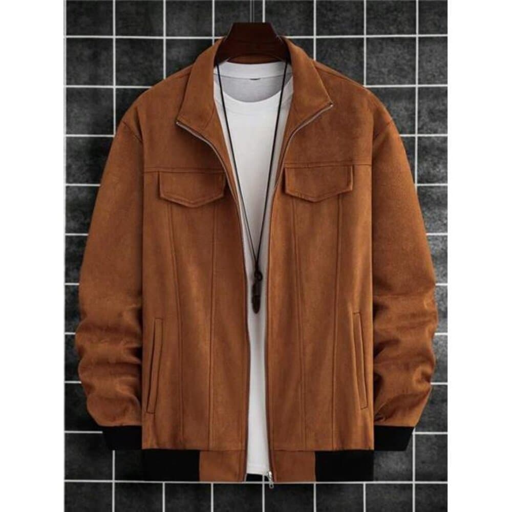 Manfinity Homme Men Flap Detail Suedette Zip Up Jacket - Thumbnail 2