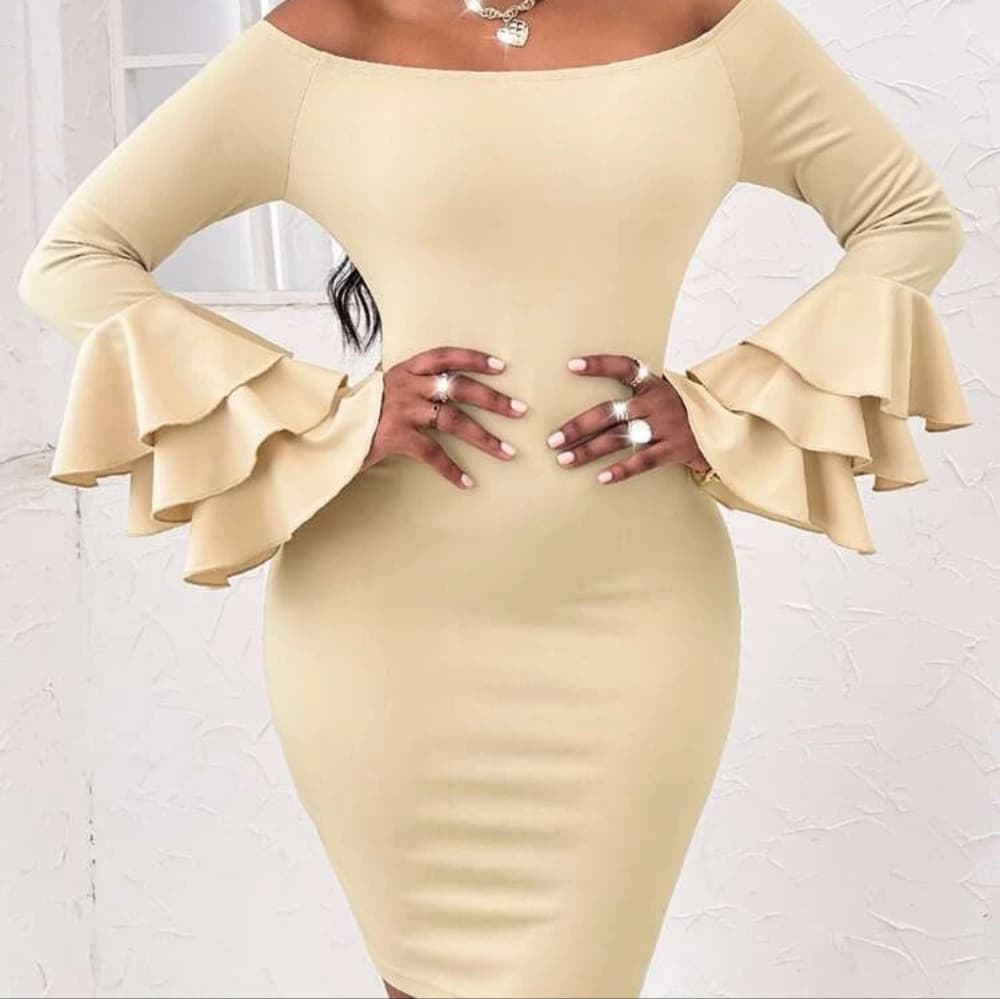Off Shoulder Layered Sleeve Bodycon Dress - Thumbnail 3