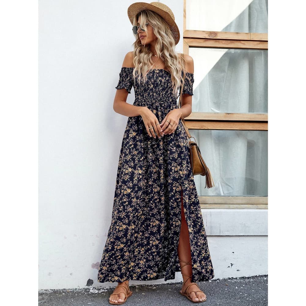 Off Shoulder Ditsy Floral High Split Dress - Thumbnail 4