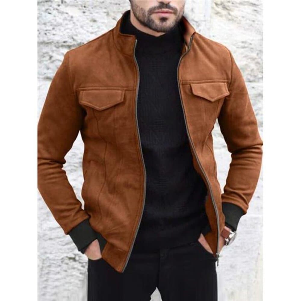 Manfinity Homme Men Flap Detail Suedette Zip Up Jacket - Thumbnail 5
