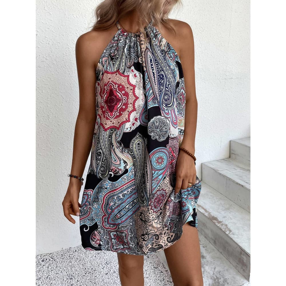Floral & Paisley Print Tie Back Dress - Thumbnail 4