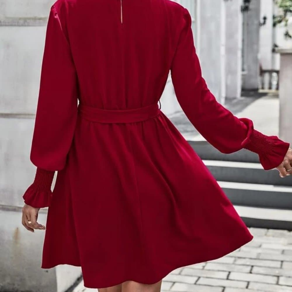 Red V Neck Flounce Sleeve Belted Dress - Thumbnail 4