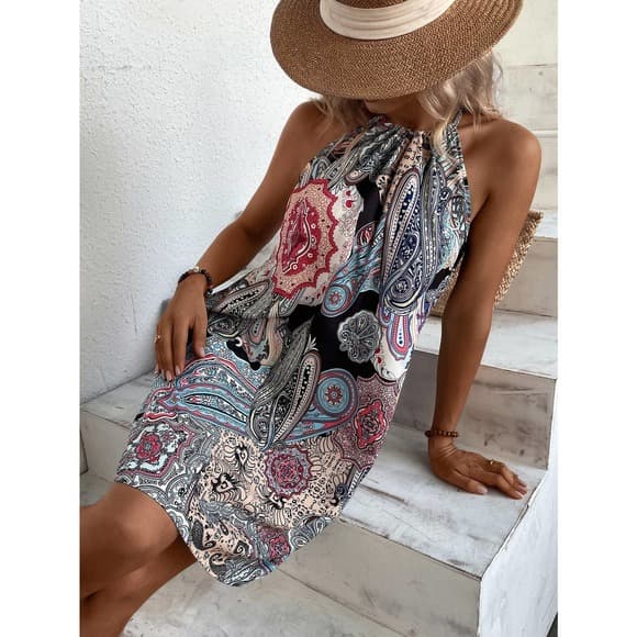 Floral & Paisley Print Tie Back Dress - Thumbnail 12