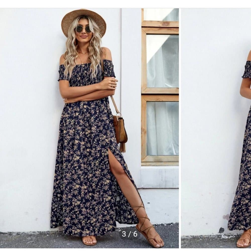 Black ditsy floral shirred off shoulder slit thigh maxi dress - Thumbnail 3