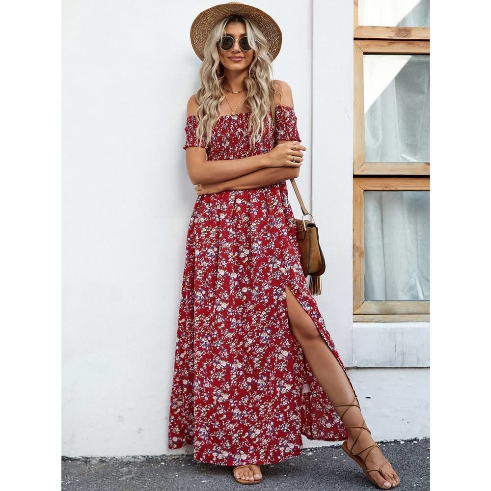 Off Shoulder Ditsy Floral High Split Dress - Thumbnail 10