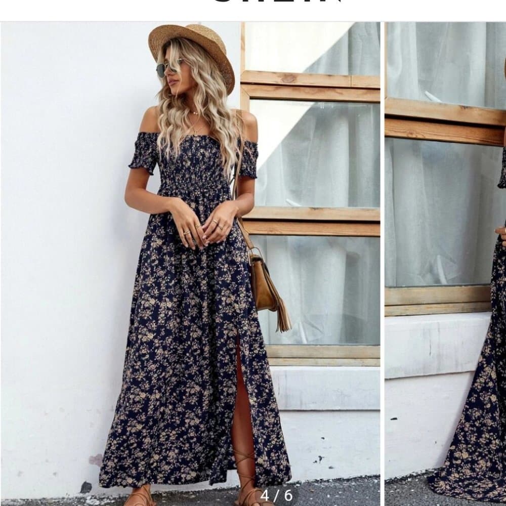 Black ditsy floral shirred off shoulder slit thigh maxi dress - Thumbnail 2