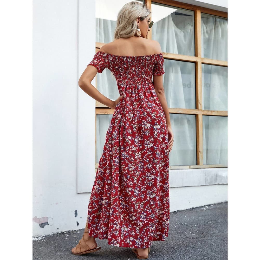Off Shoulder Ditsy Floral High Split Dress - Thumbnail 8