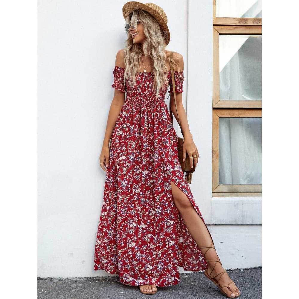 Off Shoulder Ditsy Floral High Split Dress - Thumbnail 2