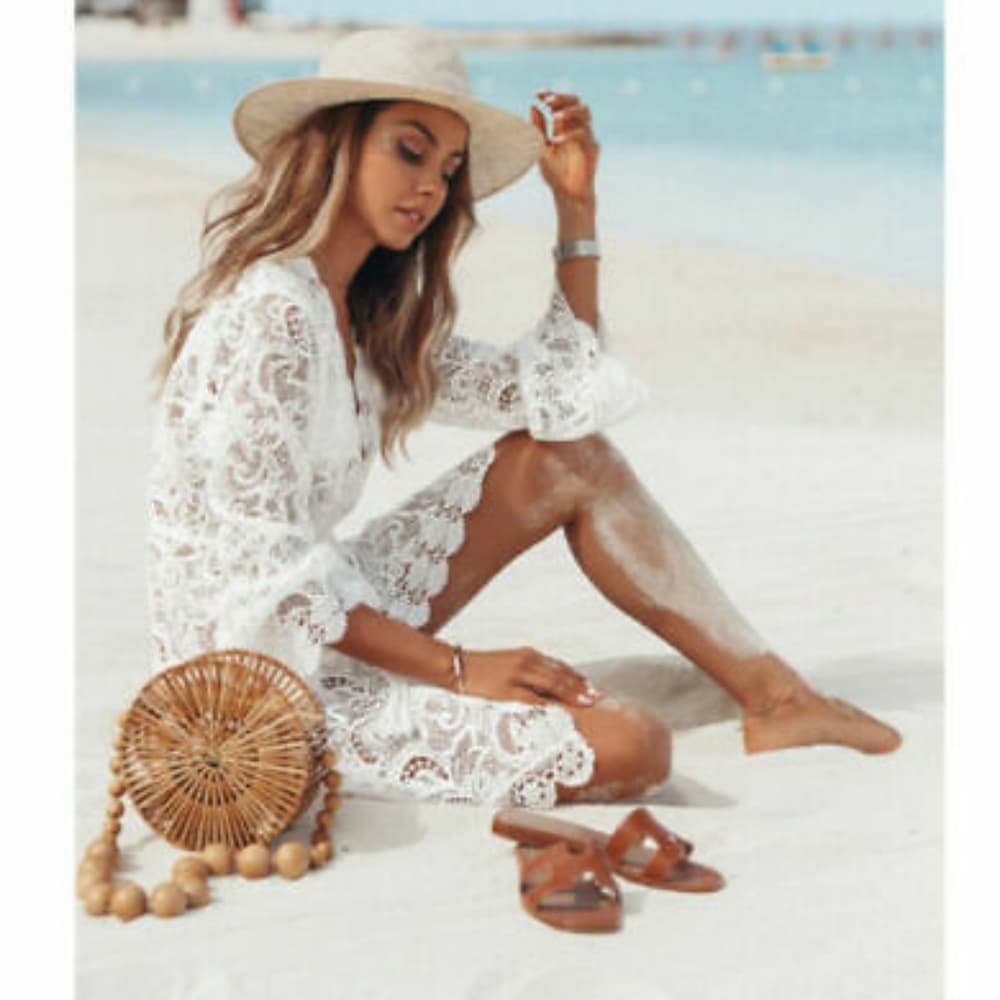 White Beautiful Bathing Suit Beach Cover Dress - Thumbnail 3