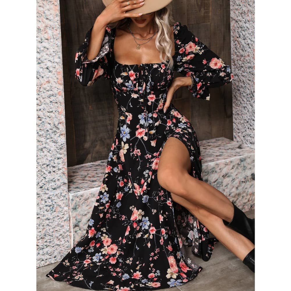 Floral Print Flounce Sleeve Tie Front Split Thigh Dress - Thumbnail 3