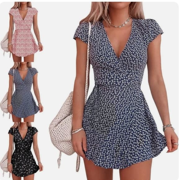 Women Boho V-Neck Floral Casual Mini Dress Summer Short Sleeve Beach Sundress - Thumbnail 5