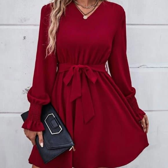Red V Neck Flounce Sleeve Belted Dress - Thumbnail 12
