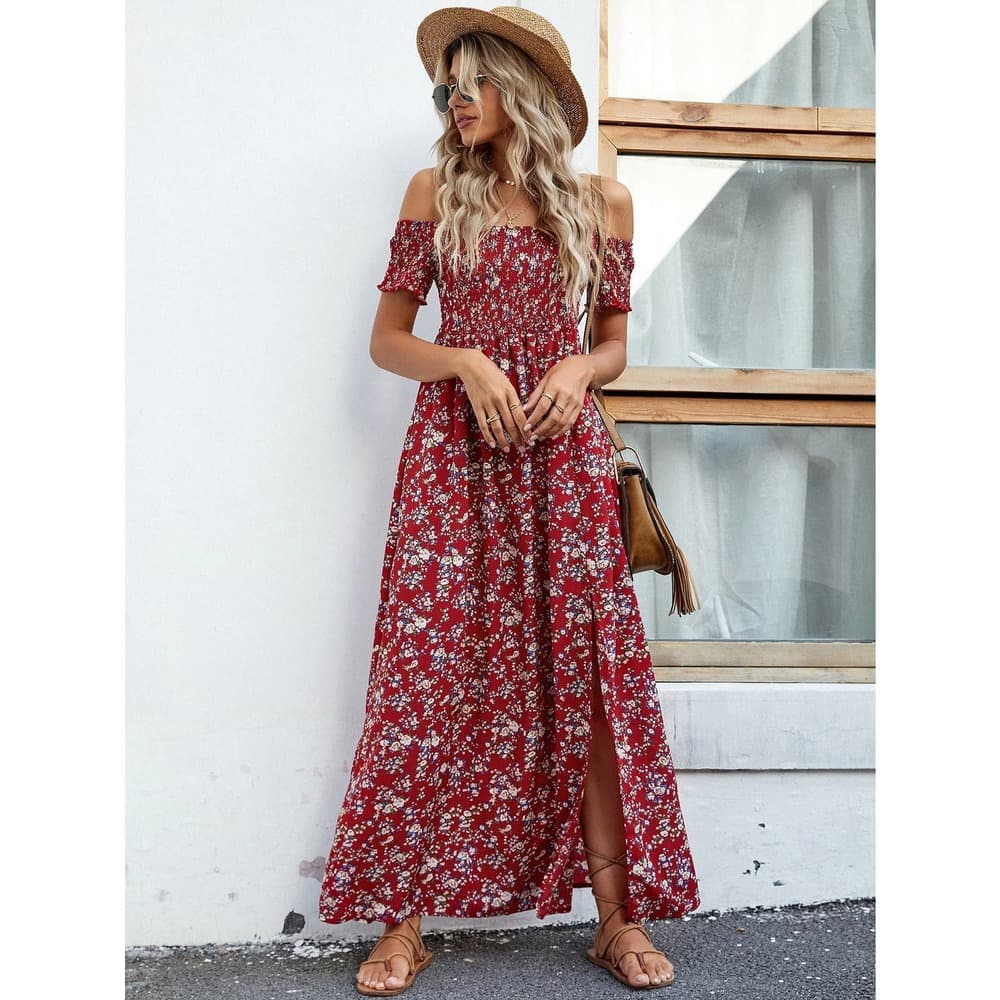 Off Shoulder Ditsy Floral High Split Dress - Thumbnail 9