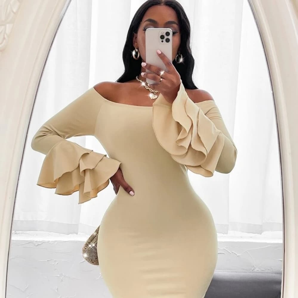 Off Shoulder Layered Sleeve Bodycon Dress - Thumbnail 6