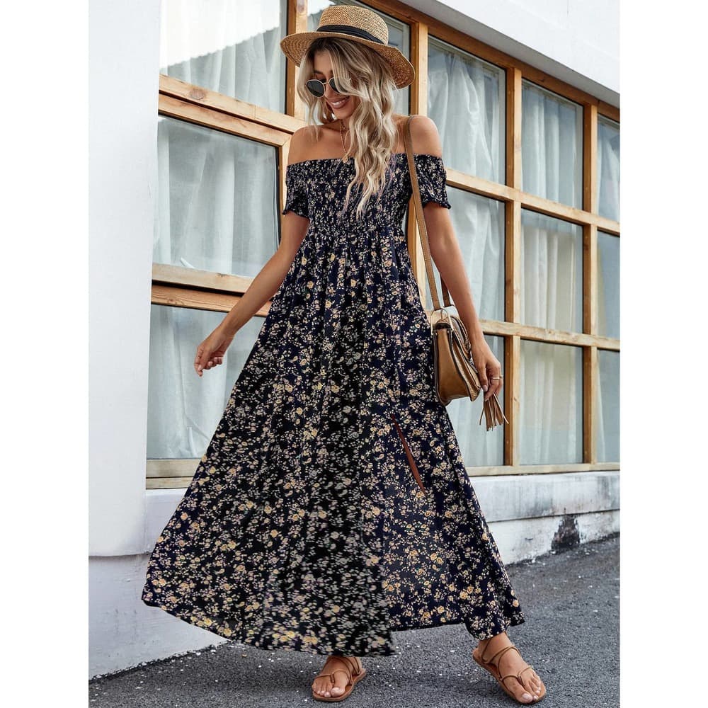 Off Shoulder Ditsy Floral High Split Dress - Thumbnail 5