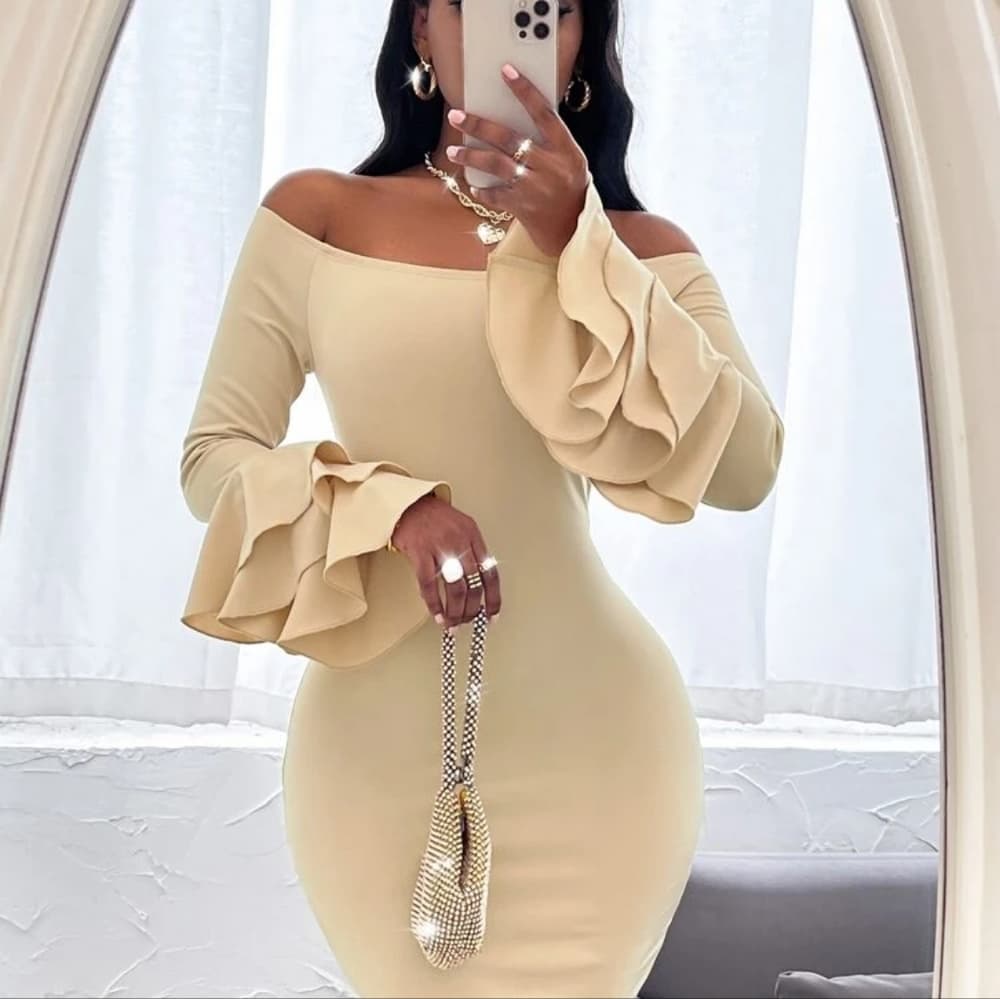 Off Shoulder Layered Sleeve Bodycon Dress - Thumbnail 2