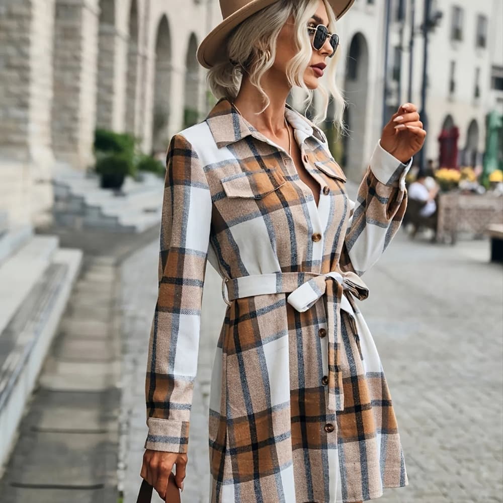 Boho khaki tan plaid button up long sleeve mini dress - Thumbnail 3