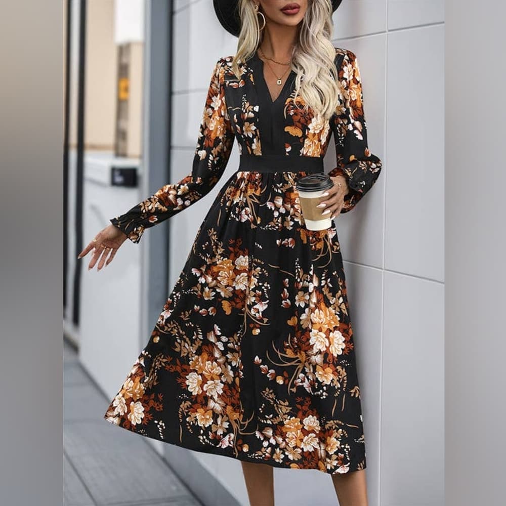 Printed Notched Long Sleeve Midi Dress - Thumbnail 4