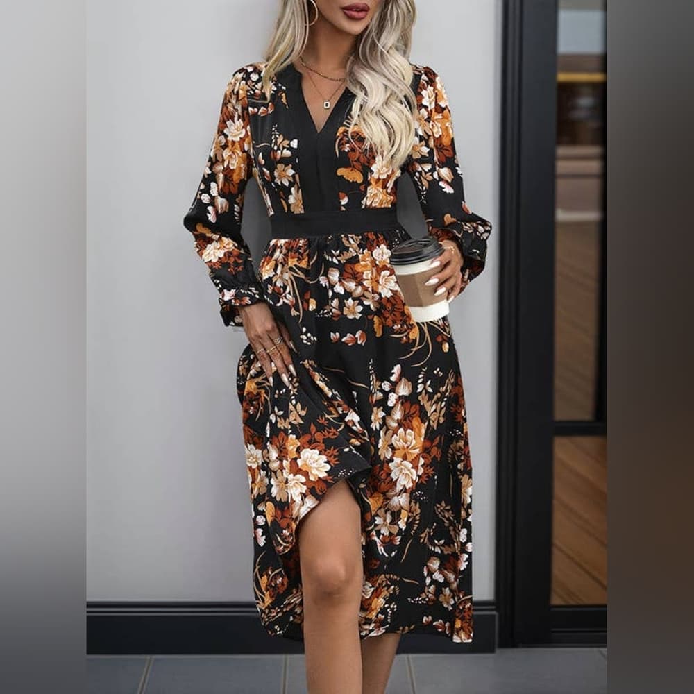Printed Notched Long Sleeve Midi Dress - Thumbnail 2