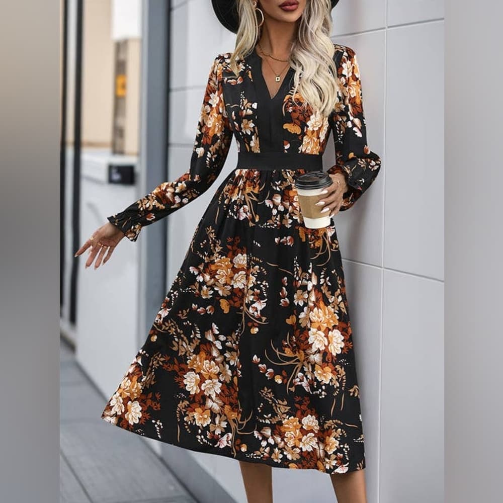 Printed Notched Long Sleeve Midi Dress - Thumbnail 5