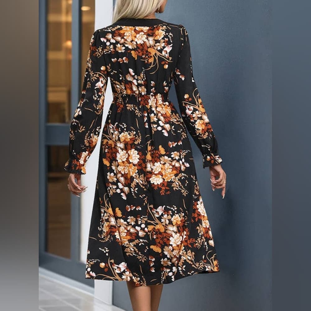 Printed Notched Long Sleeve Midi Dress - Thumbnail 3