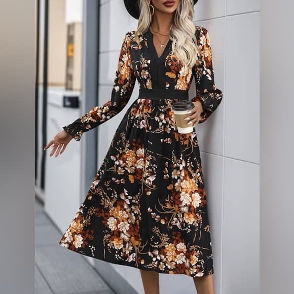 Printed Notched Long Sleeve Midi Dress - Thumbnail 6