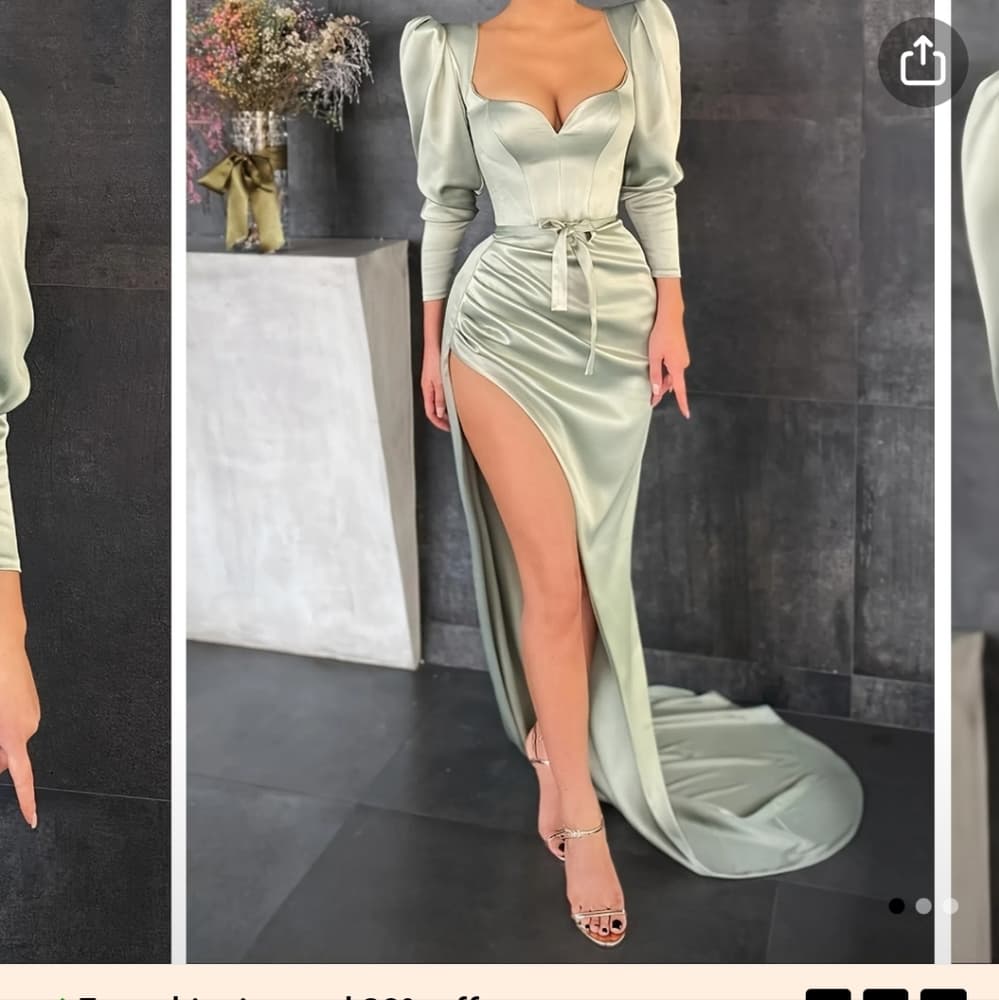 Solid Retro Green Square Neck Dress - Thumbnail 5