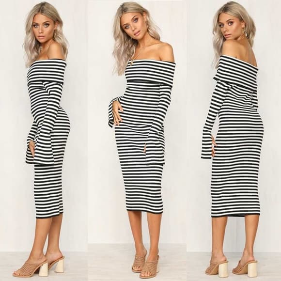 Striped White Black Boho Maxi Beauty Dress - Thumbnail 3