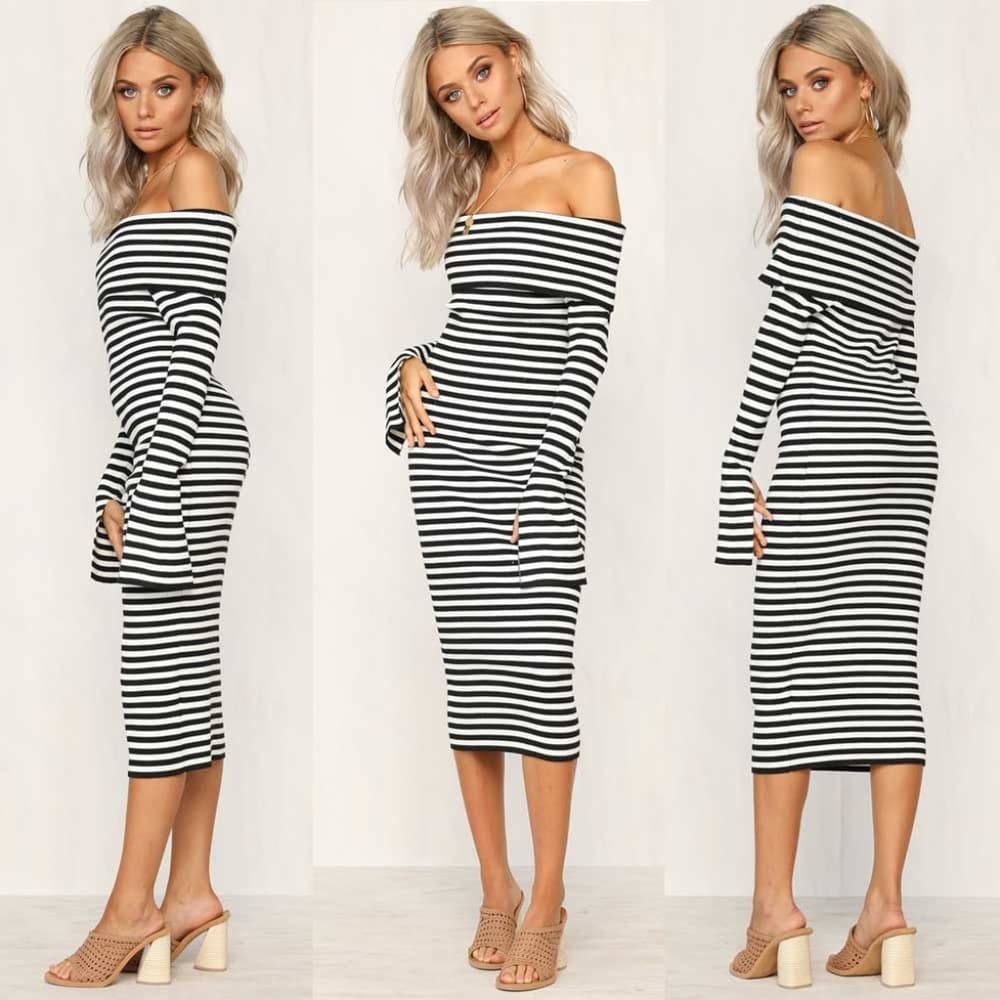 Striped White Black Boho Maxi Beauty Dress - Thumbnail 2