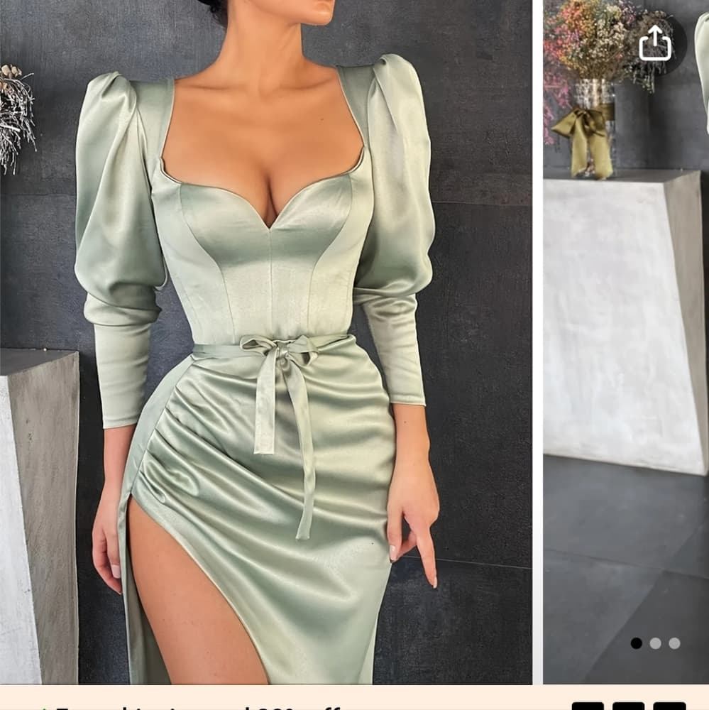 Solid Retro Green Square Neck Dress - Thumbnail 2