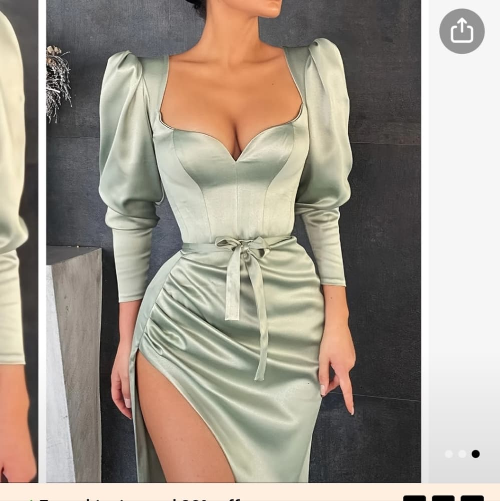 Solid Retro Green Square Neck Dress - Thumbnail 3