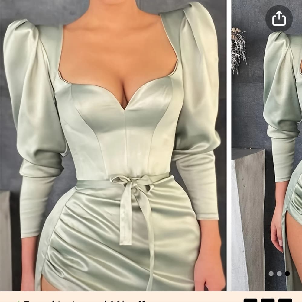 Solid Retro Green Square Neck Dress - Thumbnail 4