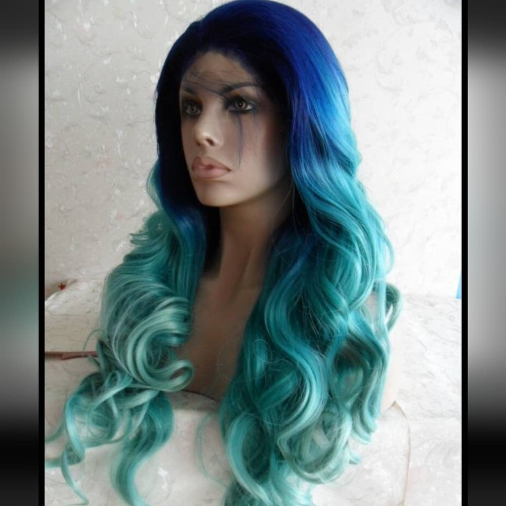 Ombre Blue Green Turquoise Lace Front Wig - Thumbnail 3