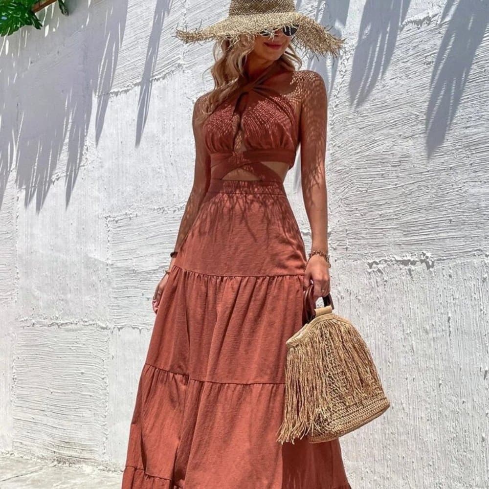 Cut Out Crisscross Ruffle Hem Tie Backless Halter Dress - Thumbnail 8