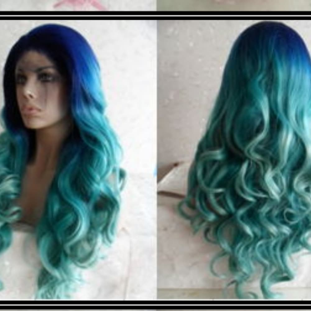 Ombre Blue Green Turquoise Lace Front Wig - Thumbnail 4