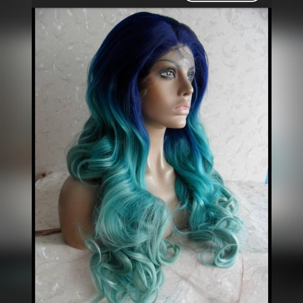 Ombre Blue Green Turquoise Lace Front Wig - Thumbnail 5