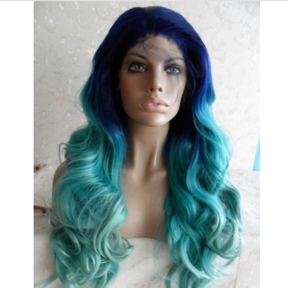 Ombre Blue Green Turquoise Lace Front Wig - Thumbnail 7