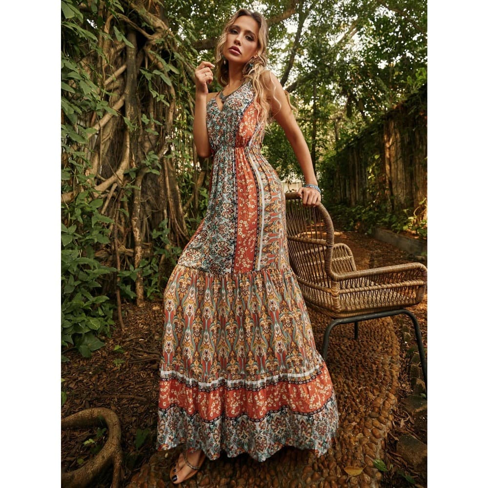 Floral Print Backless Tie Shoulder Ruffle Hem Cami Dress - Thumbnail 11