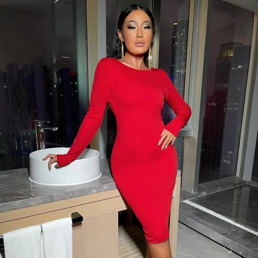Solid Zipper Red Bodycon Dress - Thumbnail 2