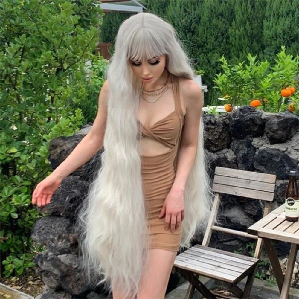 Blonde Super Long Wavy wig 48 inch hair with bangs heat resistant fiber - Thumbnail 6