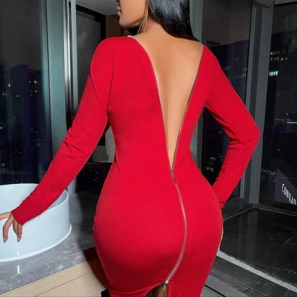 Solid Zipper Red Bodycon Dress - Thumbnail 7