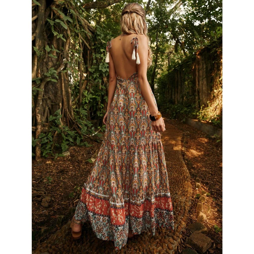 Floral Print Backless Tie Shoulder Ruffle Hem Cami Dress - Thumbnail 3