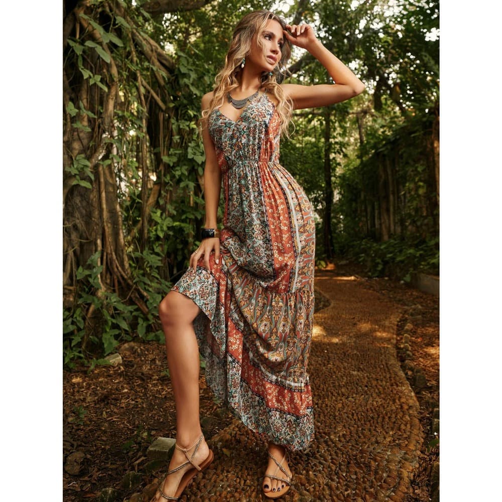 Floral Print Backless Tie Shoulder Ruffle Hem Cami Dress - Thumbnail 4