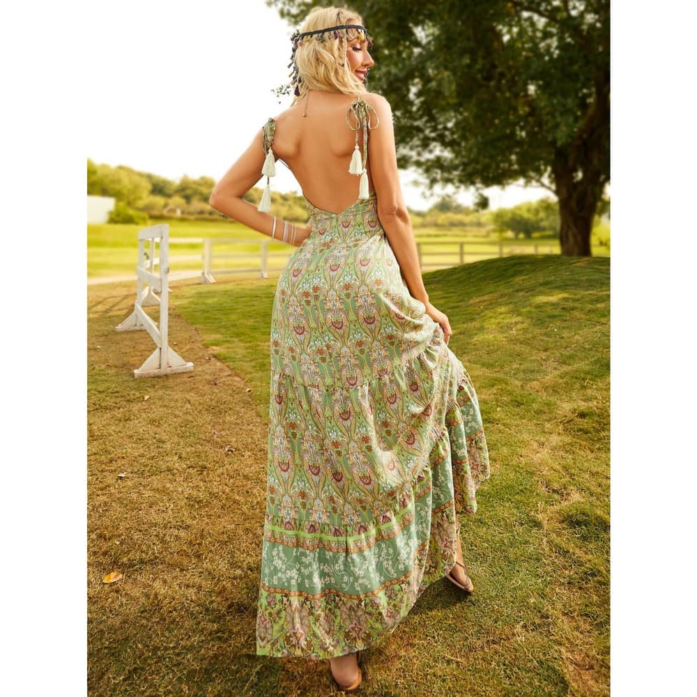 Floral Print Backless Tie Shoulder Ruffle Hem Cami Dress - Thumbnail 8